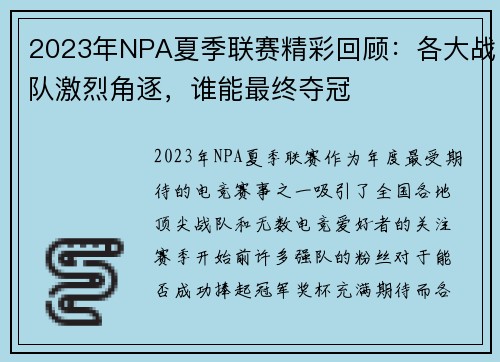 2023年NPA夏季联赛精彩回顾：各大战队激烈角逐，谁能最终夺冠