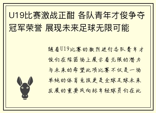 U19比赛激战正酣 各队青年才俊争夺冠军荣誉 展现未来足球无限可能