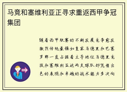 马竞和塞维利亚正寻求重返西甲争冠集团