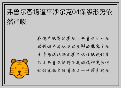 弗鲁尔客场逼平沙尔克04保级形势依然严峻